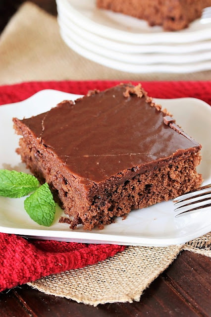 Classic Hershey's Chocolate Syrup Cake image, topped with rich boiled chocolate icing ~ it's  moist, tender, and absolutely delicious.