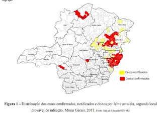 Distribuição dos casos confirmados, notificados e óbitos por febre amarela, segundo local provável de infecção, Minas Gerais, 2017. Fonte: Sala de Situação/SES-MG