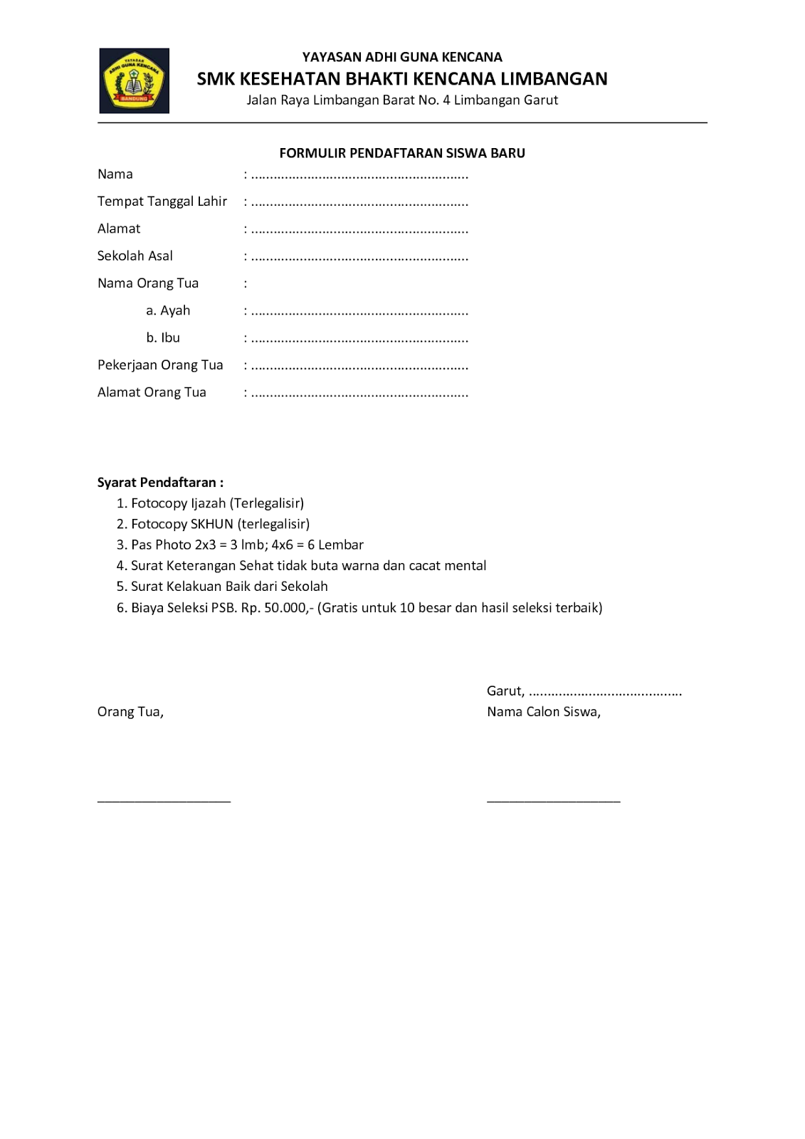 Contoh Formulir Pendaftaran Lomba / Siswa baru