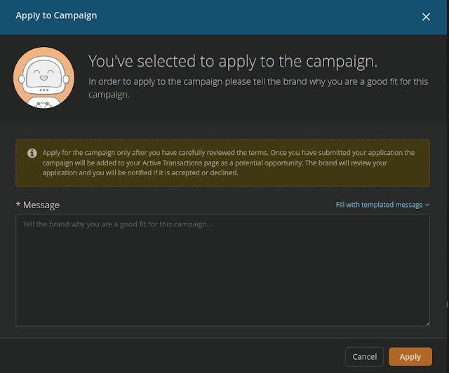 Apply to campaigns and enter a message on Intellifluence
