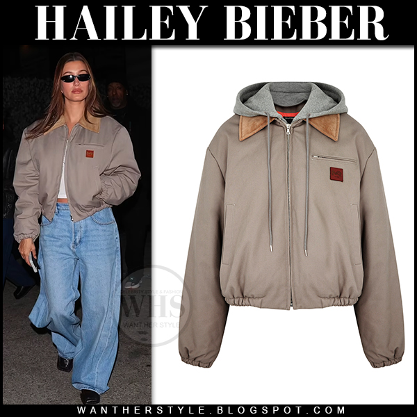Hailey Bieber in beige bomber jacket and wide leg jeans