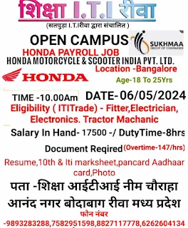 Honda Motorcycle & Scooter India Pvt Ltd Campus Placement Drive: ITI Jobs at Shiksha Private ITI, Rewa, Madhya Pradesh