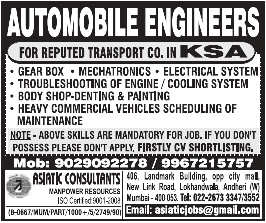 Reputed transport co automobile Jobs for KSA