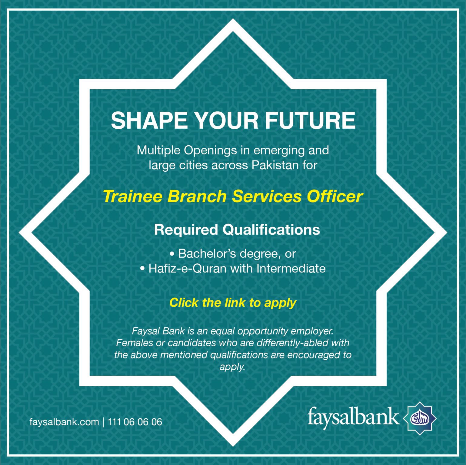 Faysal Bank Ltd Announced Trainee Branch Services Officer / Universal Teller