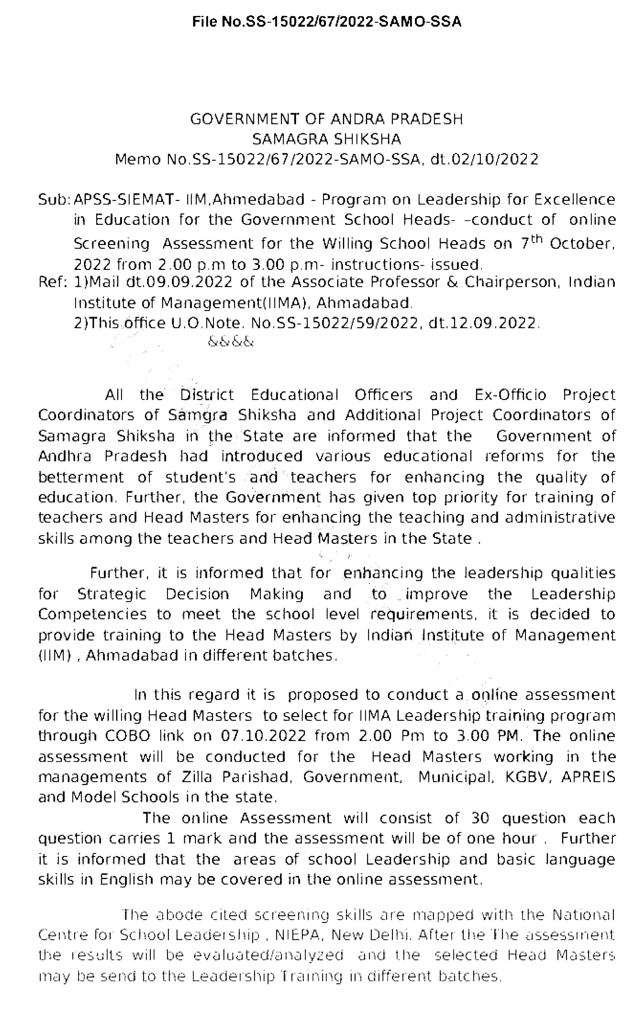 Program on Leadership for Excellence in Education for the Government School Heads--conduct of online Screening Assessment for the Willing School Heads on 7th October, 2022 from 2.00 p.m to 3.00 p.m- instructions-