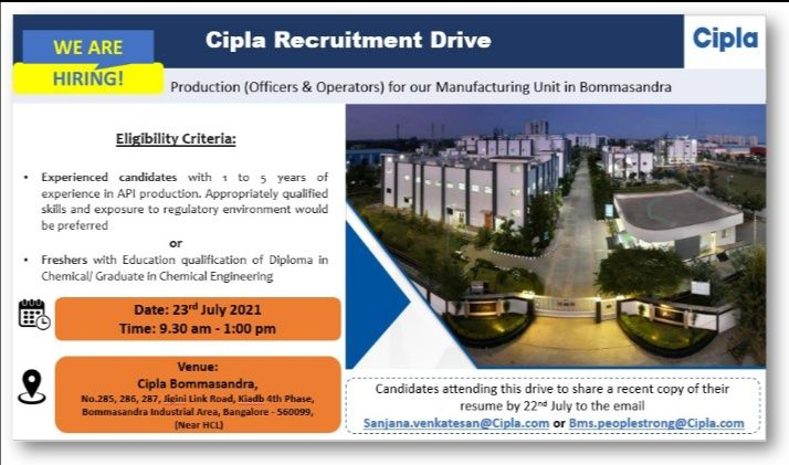 Job Availables, Cipla Limited  Walk-In Interview for Freshers & Experienced Diploma In Chemical/ Graduate in Chemical Engineering
