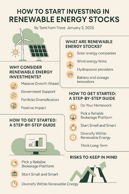Illustration of renewable energy sources including solar panels, wind turbines, and a stock market graph showing investment growth.