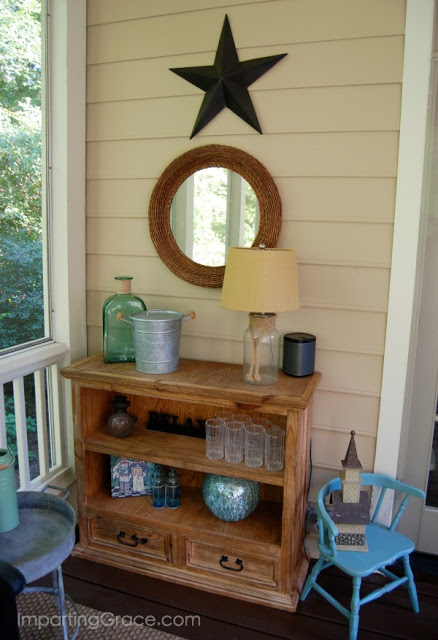 Old bookcase was cut in half to create a small sideboard for screened porch