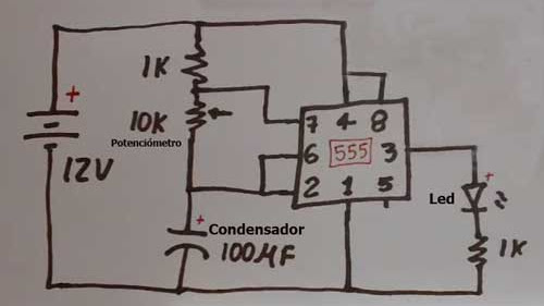 Esquema de LED Intermitente con 555 y potenciómetro