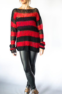 Red and Black Striped Jumper, Punk Mohair Sweater,  90s Grunge Style, Loose knit sweater, Sheer Mohair Sweater, Hand Knit Sweater ,Unisex ,#Harajuku Style,#HandknitSweaters,90s grunge,