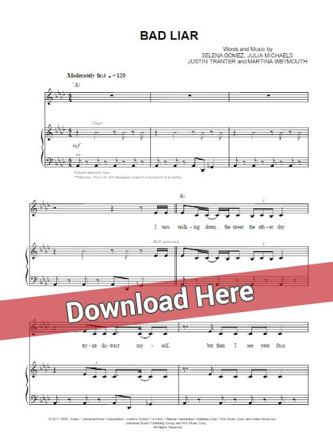 selena gomez, bad liar, sheet music, piano notes, chords, download, transpose, composition, klavier noten, keyboard, guitar, voice, vocals