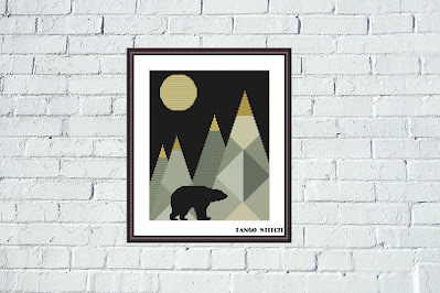 Wild bear at the mountains landscape geometric cross stitch pattern