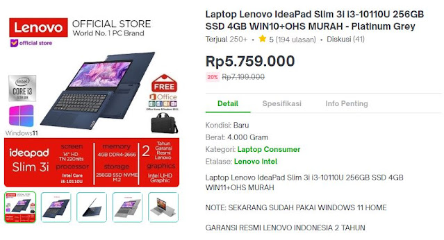Laptop Lenovo IdeaPad Slim 3i i3-10110U