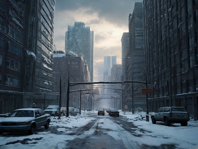carros prédios e neve era glacial atualmente hoje