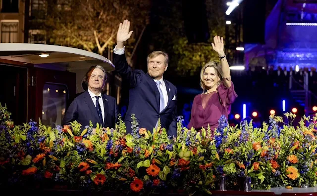 Queen Maxima wore a new burgundy Odirc silk muslin top, and Oscar pareo trousers by Natan Couture. Natan Couture SS24 collection