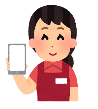 スマホの画面を見せる人のイラスト（店員・女性）