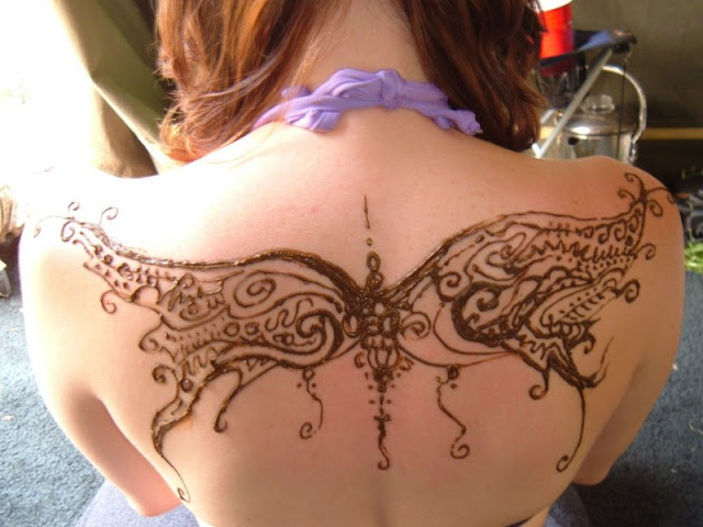 Beautiful Naked Neck Back Butterfly Mehndi Henna Tattoo Designs 