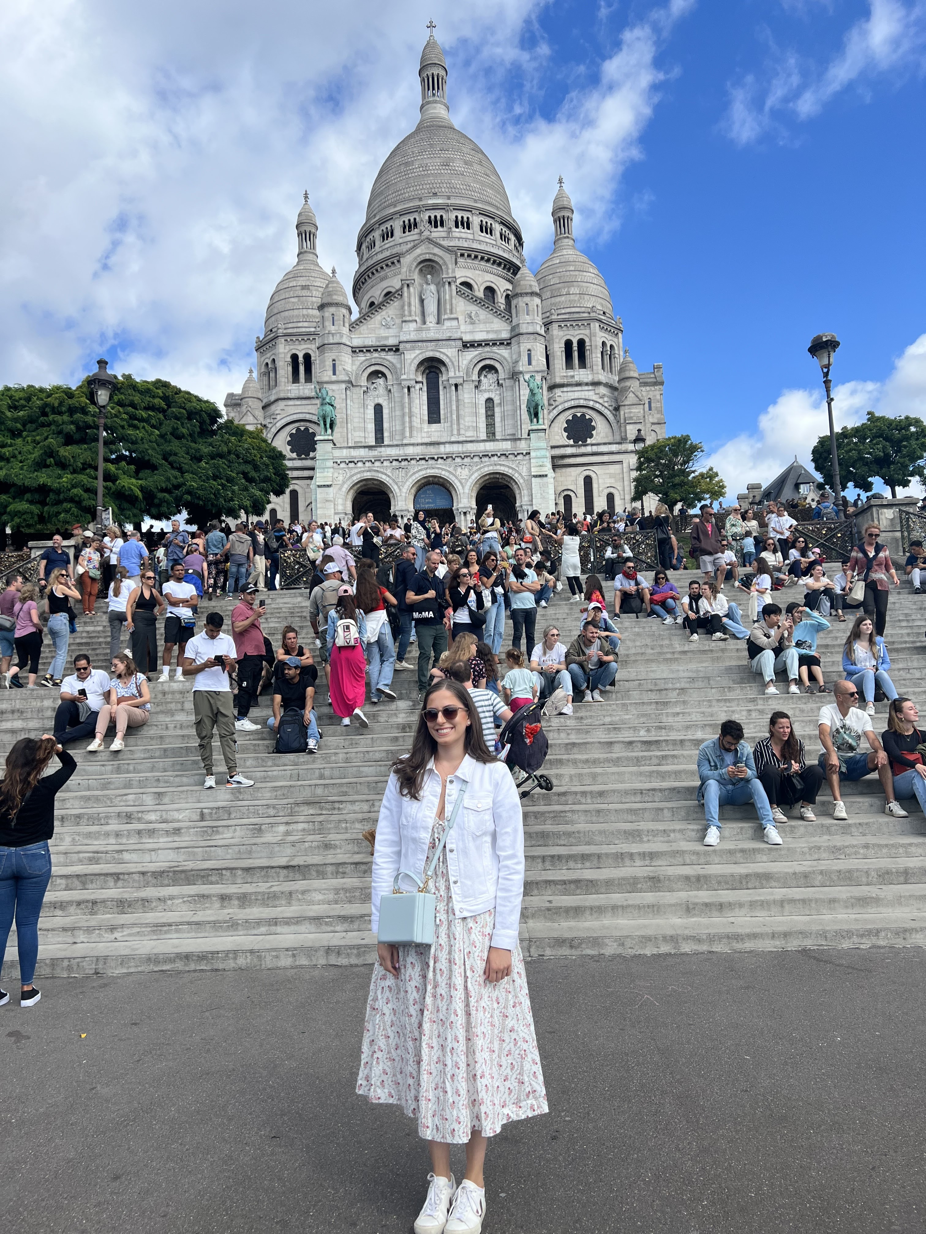 hill house dress, nap dress, white denim jacket, paris, paris vacation, white trainers, white leather sneakers, midi dress, hill house dress on sale