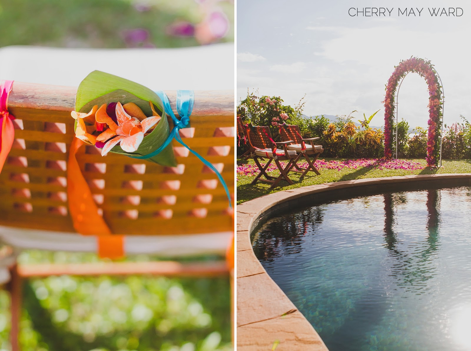 wedding ceremony next to pool, intimate villa wedding ceremony by the pool, Koh Samui wedding ceremony with a view, Cherry May Ward Photography, cone with flowers and petals to throw