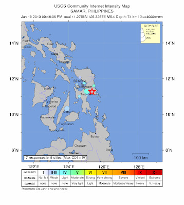 Epicentro sismo 5,4 grados, Sámar, Filipinas, 19 de Enero de 2013