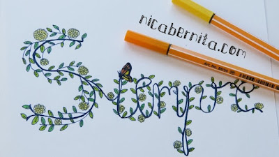 Dibujo de la palabra SIEMPRE. Título decorado con hojas, flores y ramas. Dibujo, doodle. NicaBernita.com
