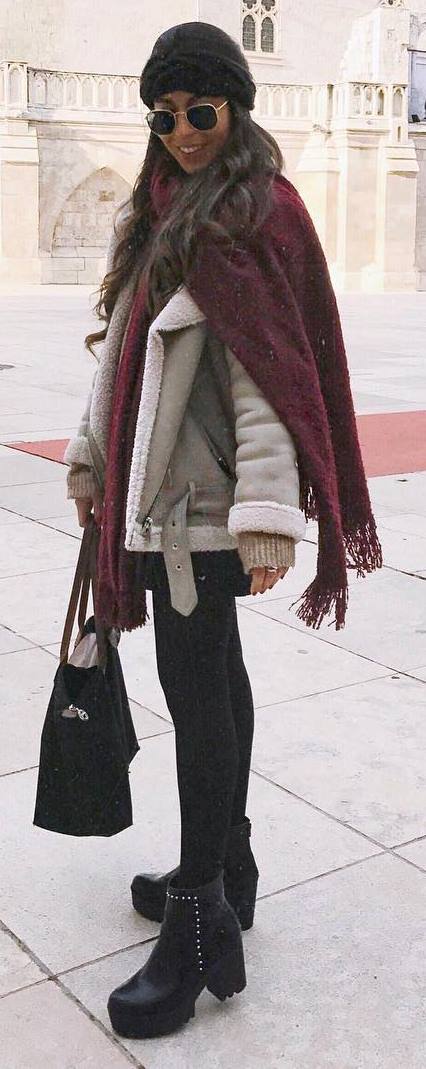 how to style a nude oversized jacket : maroon scarf + bag + sweater + boots + skirt
