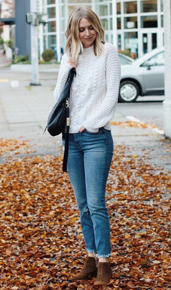 trendy winter outfit idea to try right now / bag + white sweater + jeans + boots