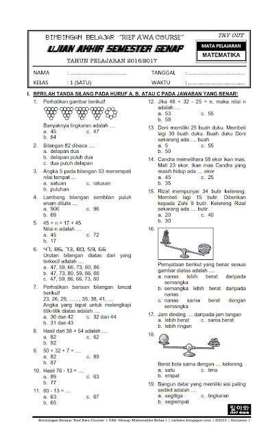 Download Soal UKK / UAS Genap Matematika Kelas 1 SD/MI Semester 2 Terbaru Tahun 2017 ~ Rief Awa 