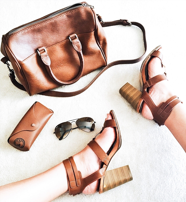 Brown tan leather sandals sunglasses and purse