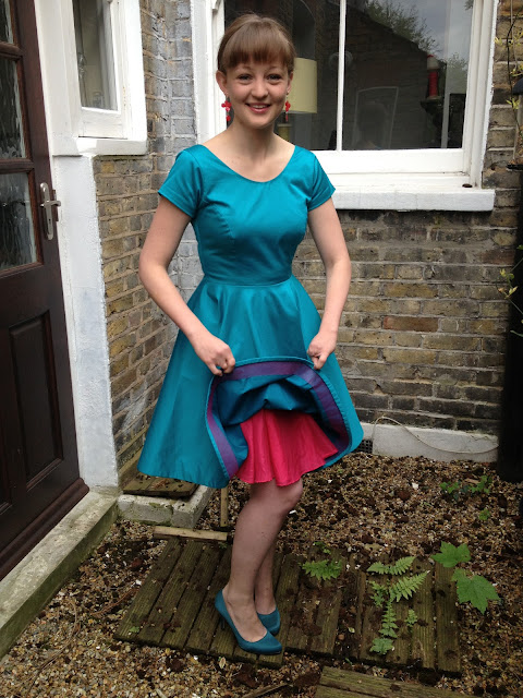 Diary of a Chainstitcher By Hand London Elisalex Dress Sewing Pattern with circle skirt made in Mood Fabrics teal cotton sateen