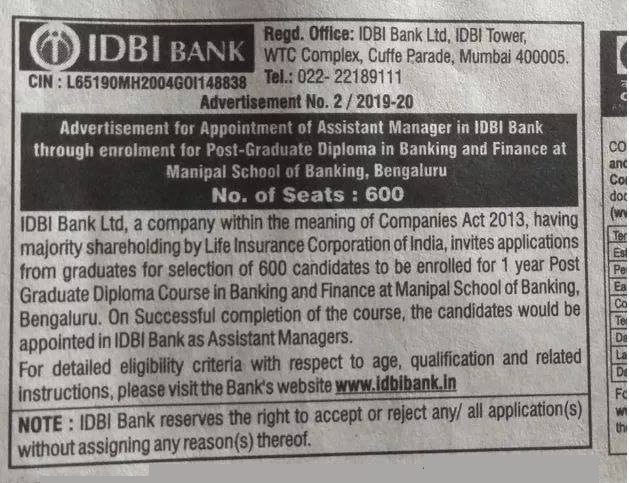IDBI Bank Recruitment for 600 Assistant Manager Posts 2019