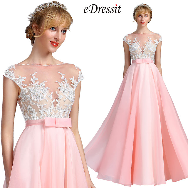eDressit Cap Sleeves Pink Lace Appliques Evening Dress