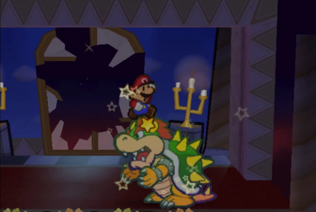 Paper Mario jumps on Star Rod Bowser invincible Prologue sparkly