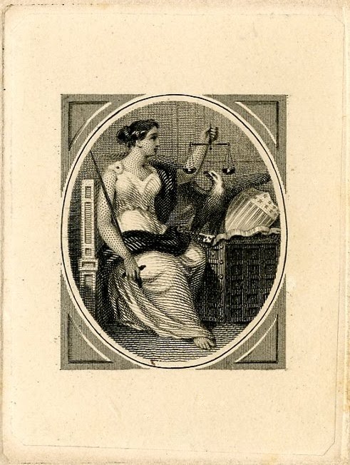 Allegorical female figure holding scales. Eagle next to her. Bank note design printed in black. (19th c)
