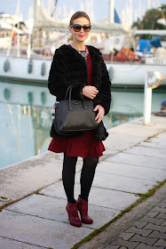 black faux fur, Carven burgundy dress, Givenchy Antigona bag, Fashion and Cookies, fashion blogger