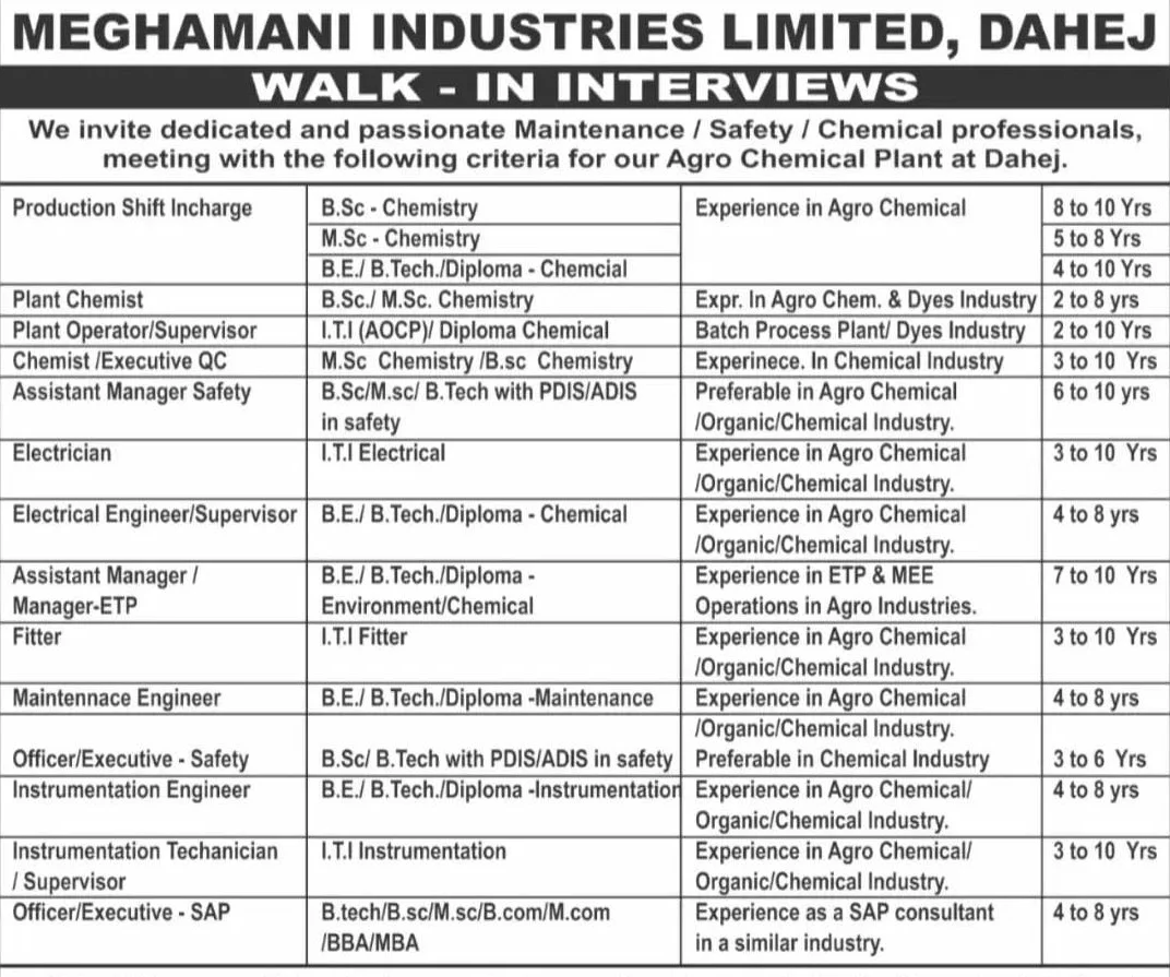 Meghamani Industries Ltd ITI, Diploma and Graduates Jobs Vacancises for Agro Chemical Plant at Dahej Location | Walk-In-Interview