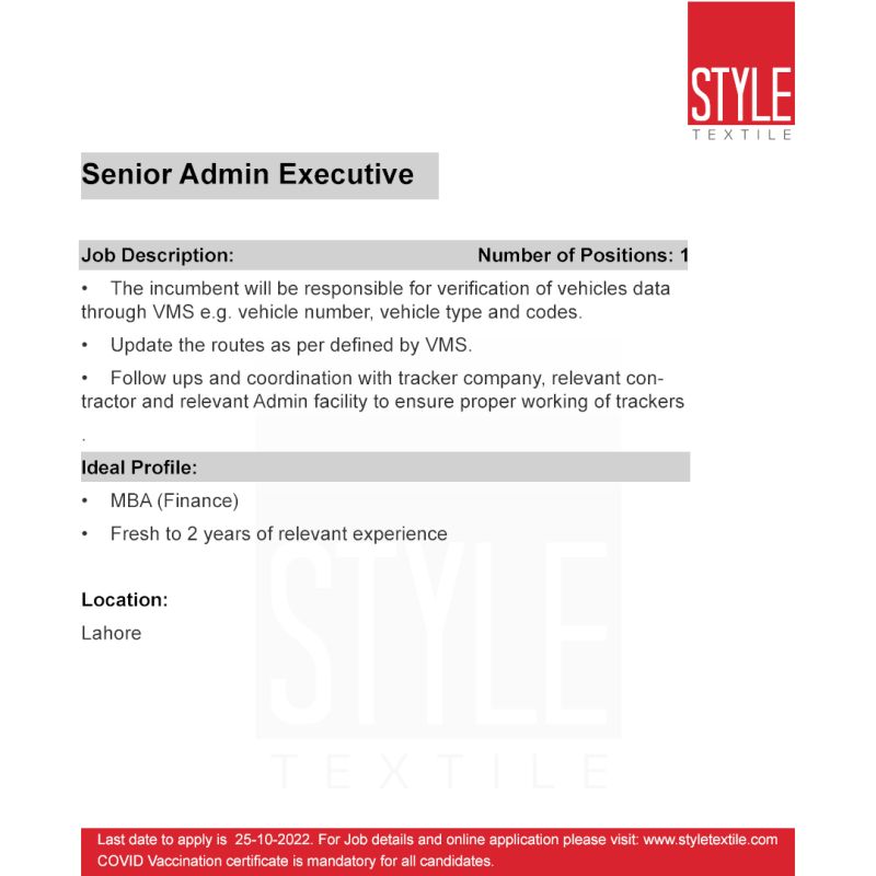 Style Textile Pvt Ltd Jobs fOR Senior Admin Executive