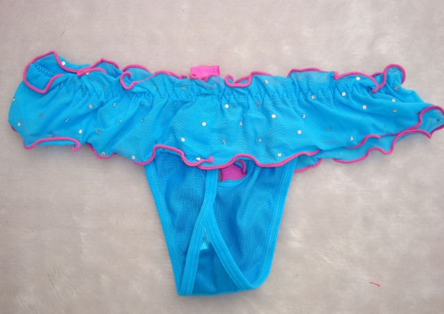  2U: U179 Sexy Blue Ruffle Trim Crystal Open Gstring Women39;s Underwear