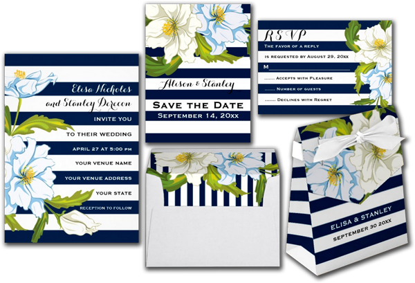  Blue Stripes & Flowers Modern Floral Wedding Invitation Card