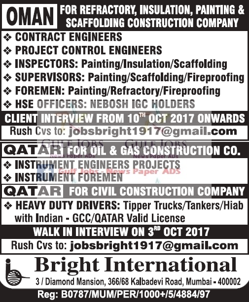 Scaffolding Construction co Jobs for Oman & Qatar