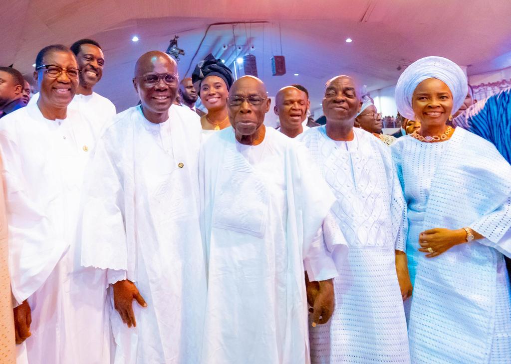From Left: Former Governor of Ogun State, Gbenga Daniel; Governor of Lagos State, Babajide Sanwo-Olu; Former President, Olusegun Obasanjo; and Bishop David Oyedepo and wife, Faith Abiola Oyedepo, at the 70th birthday celebration of the Living Faith Church Worldwide Founder at Faith Tabernacle, Ota, Ogun State
