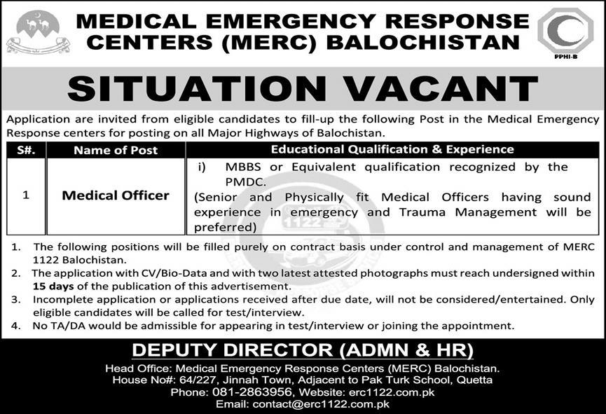 Medical Emergency Response Centers MERC Jobs in Pakistan 2021 Quetta Advertisement