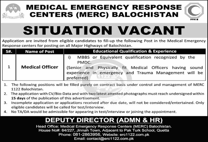 Jobs in Rescue 1122, Medical Emergency Response Centers MERC Jobs in Pakistan 2021 Quetta Advertisement