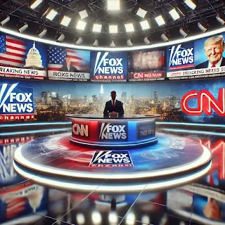 A news show set featuring large screens displaying broadcasts from Fox News, CNN, and MSNBC. The central desk is occupied by a news anchor, with bright studio lighting and digital graphics representing a high-energy news environment