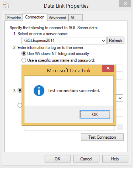 Data Link Properties Connection Succeed