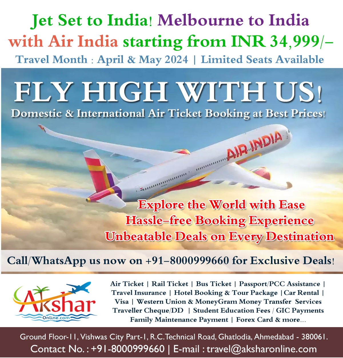 🌟 Incredible Offer Alert! Fly From Australia (Melbourne to India) @ Rs. 34,999/- Onwards with Air India Airlines! 🇦🇺✈️🇮🇳  Are you ready for an unforgettable adventure to the heart of India? Look no further! ✈️ Explore the mesmerizing sights and sounds of India from Melbourne with Air India starting from just Rs. 34,999/-. 🌏  🌟 Here's what you need to do: 1️⃣ Call/Whatsapp us at +91-8000999660 to secure your tickets. 2️⃣ Email us at travel@aksharonline.com for personalized assistance and bookings.  ✨ Hurry, seats are filling up fast! Don't miss out on this amazing opportunity to experience the magic of India. Contact us now and let's make your travel dreams a reality! ✨  #TravelWithAksharOnline #MelbourneToIndia #AirIndia #BookNow #TravelDeals #ExploreIndia #IncredibleIndia