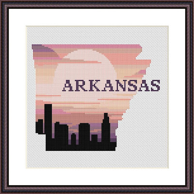 Arkansas state map sunset silhouette cross stitch pattern - Tango Stitch