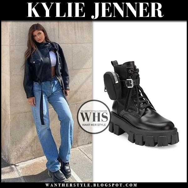 Kylie Jenner in black biker jacket, jeans and black combat boots