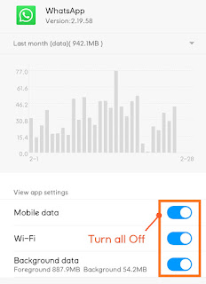 Step 4- This is the crucial part. Turn off the data from Mobile Data, Wi-fi and Background Data. This will result in your WhatsApp app will not get any internet to use. Hence you will not get any more messages from people until you turn it on again.