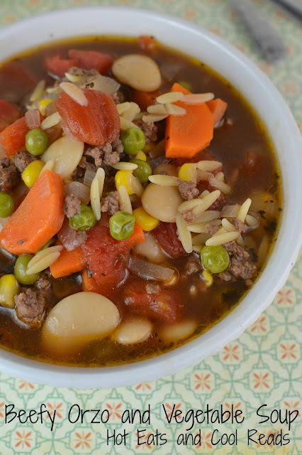 Old fashioned comfort food and super easy to make! Great for any cool weather meal! Beefy Orzo and Vegetable Soup Recipe from Hot Eats and Cool Reads